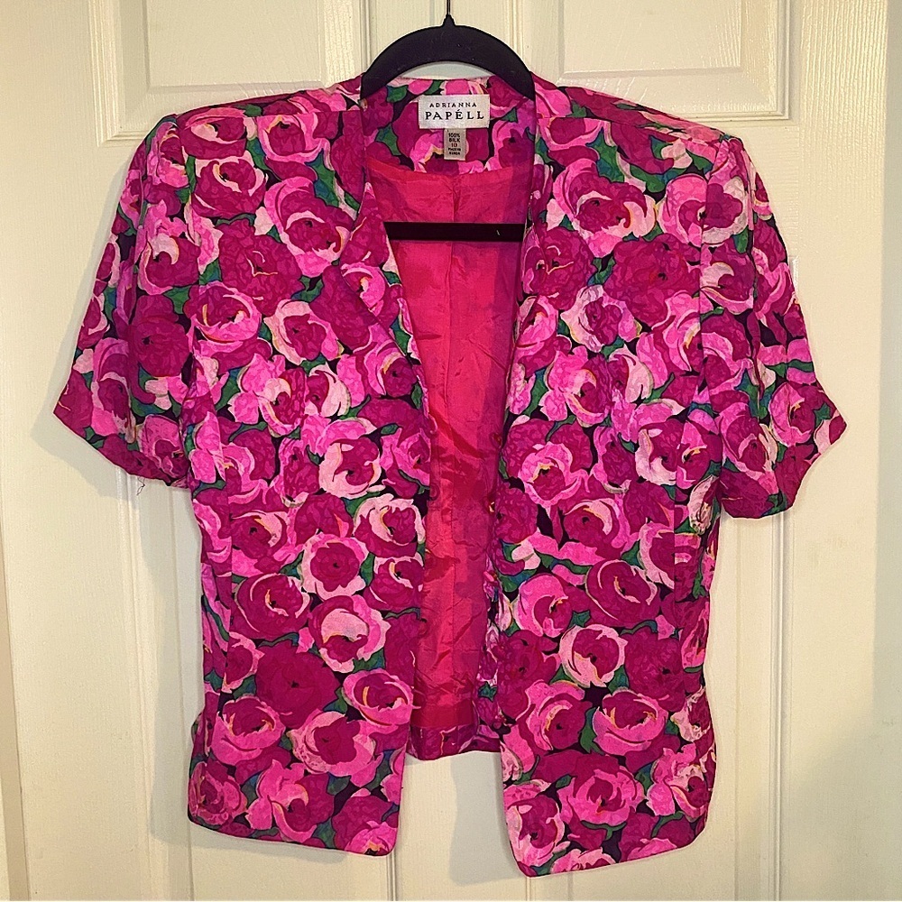Vintage 100% Silk Pink Floral Blouse Button-Up Shirt Padded Shoulder Cottagecore - Picture 2 of 14